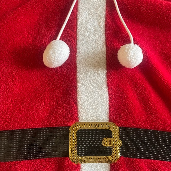 Christmas Santa sweater Large Sherpa Glitter Belt Pom Poms Holiday Top EUC Jem - Picture 5 of 5